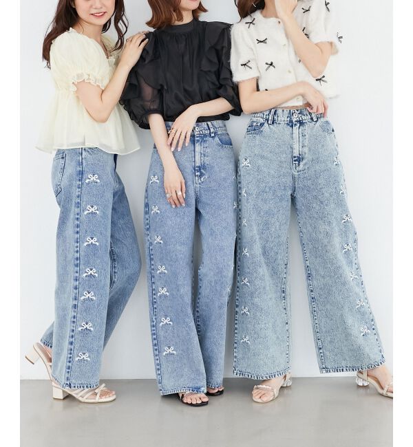  「リボンビジューデニムパンツ」|デニム|