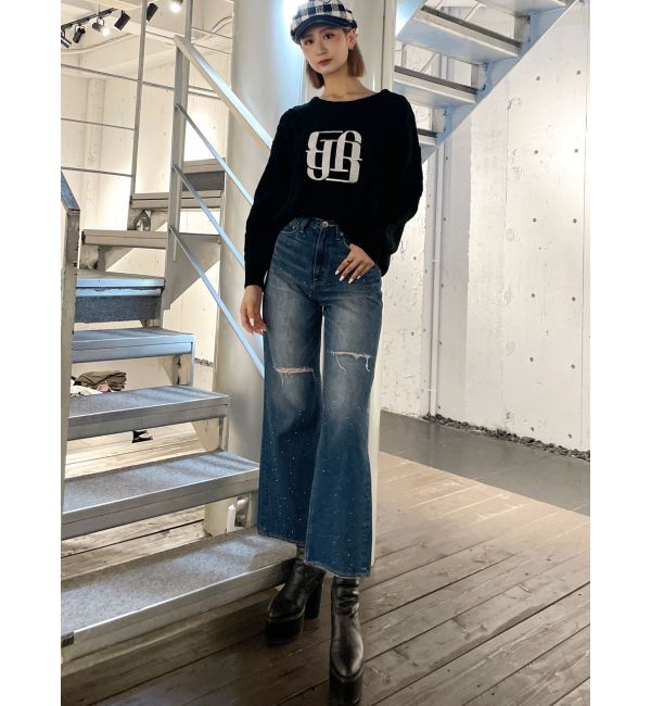 GYDA「ハイウエストKNEEダメージbijouワイドデニムパンツ」|デニム|