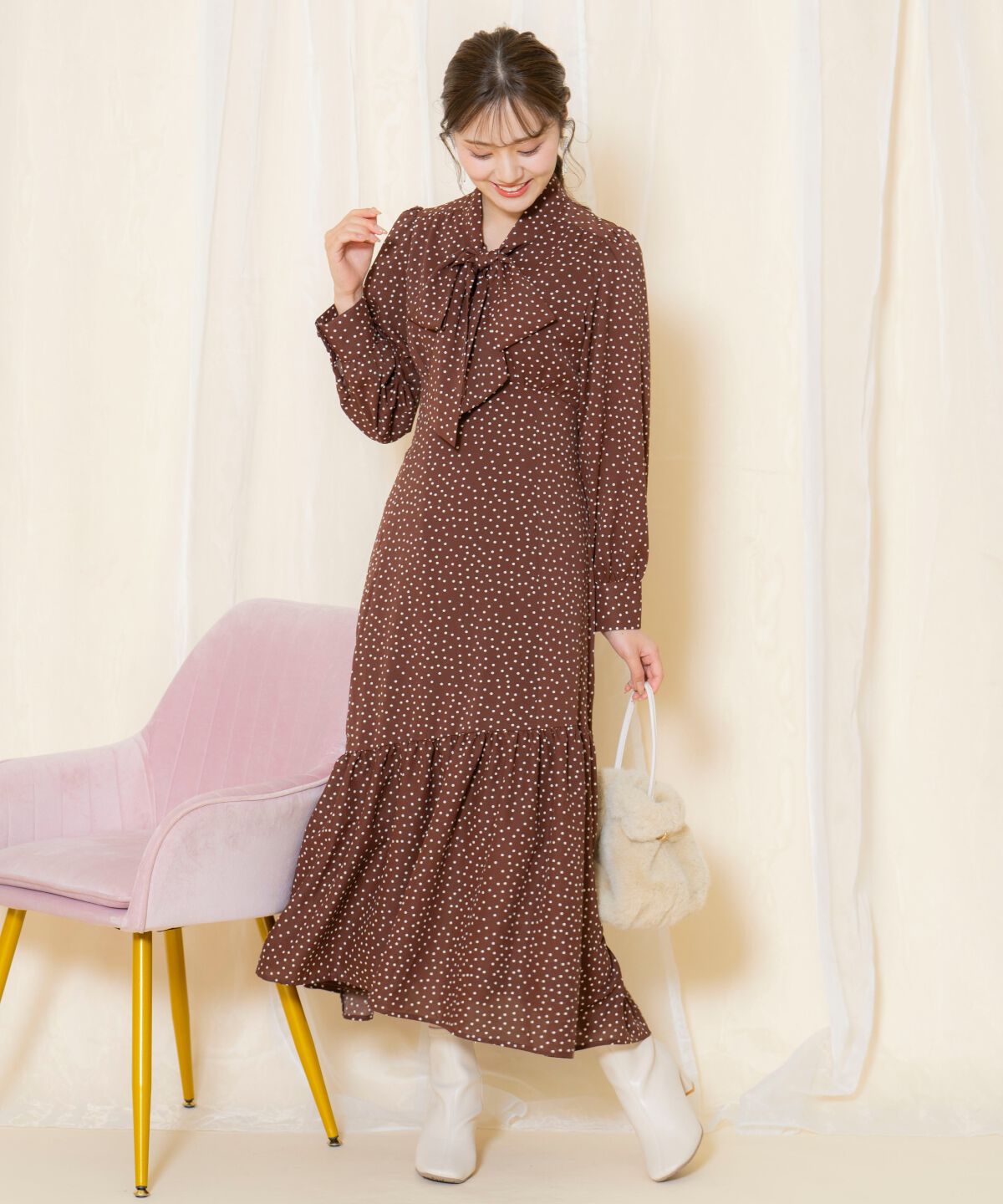 WILLSELECTION「ドット柄ギャザーヘムボウタイワンピース」|ワンピース|