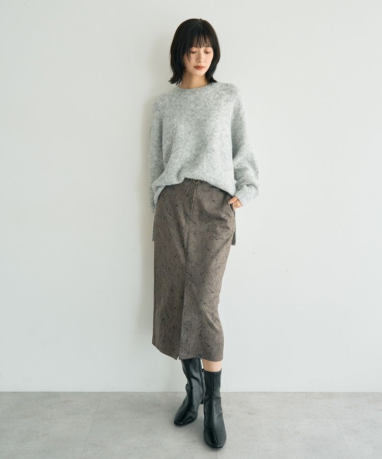YECCA VECCA「ラインフラワー柄フェイクスエードスカート」|タイト|