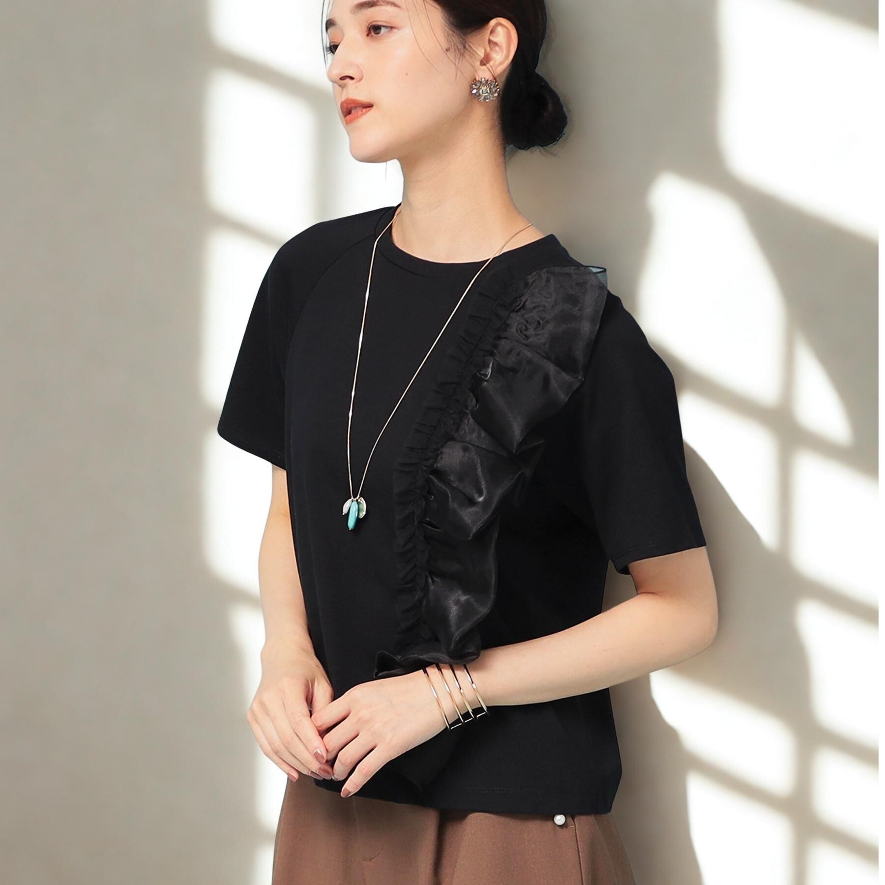 SunaUna「【オーガンジーラッフル】大人フェミニンTシャツ」|Tシャツ・カットソー|ブラック(019)