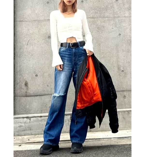 GYDA「【TINY】ハイウエストKNEEダメージワイドデニムパンツ」|デニム|