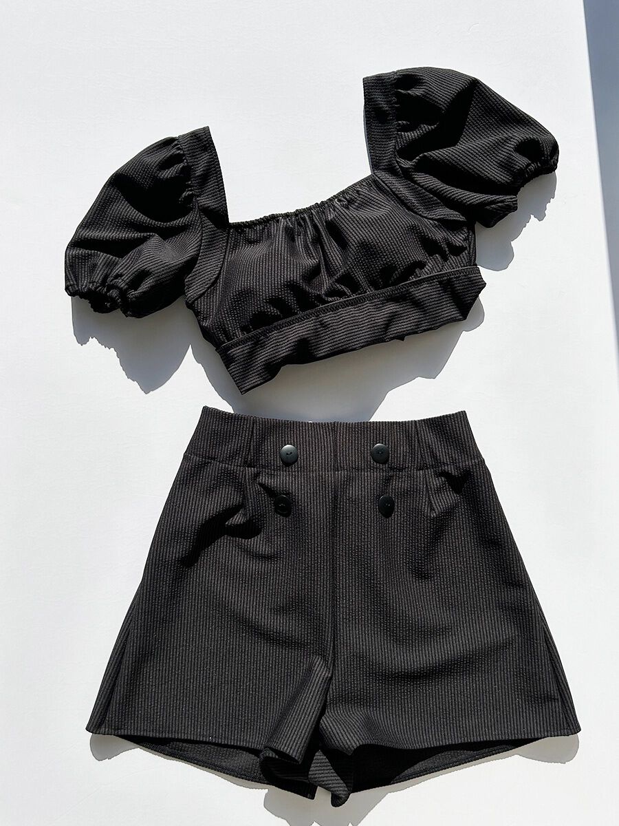 PEAK&PINE「無地ボタン付きAラインハイウエストショートパンツ」|ショーツ|