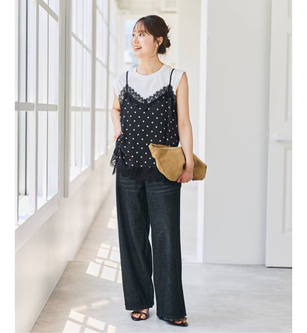 Spick and Span「《セットアップ可 / 予約》レースドッキングドットサテンキャミ」|キャミソール|