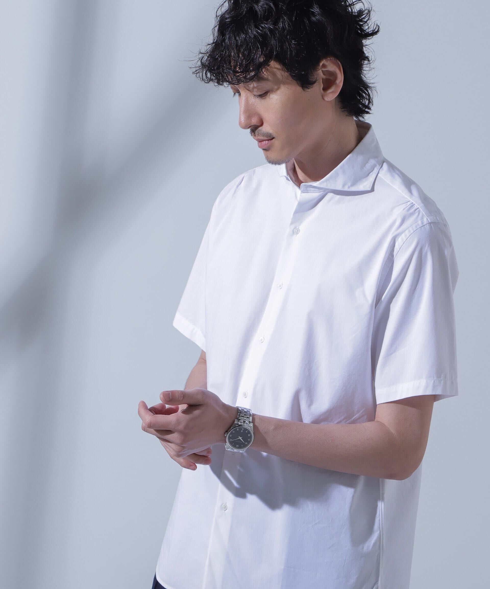nano･universe「「N SHIRTS」AntiSoaked(R)汗染み防止ホリゾンタルカラーシャツ半袖」|シャツ・ブラウス|
