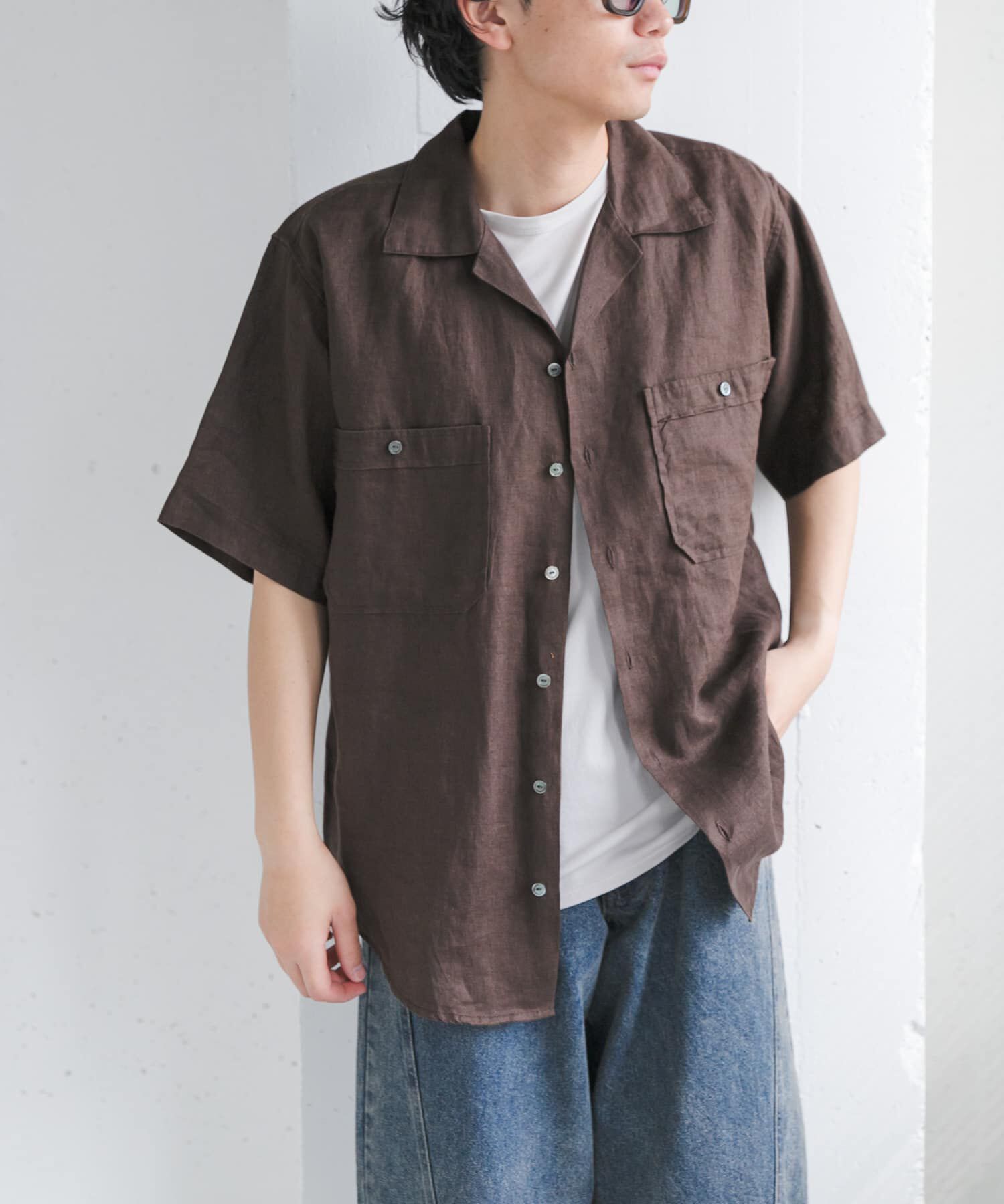 URBAN RESEARCH DOORS「FORK&SPOON　フレンチリネンオープンカラーショートスリーブシャツ」|シャツ・ブラウス|