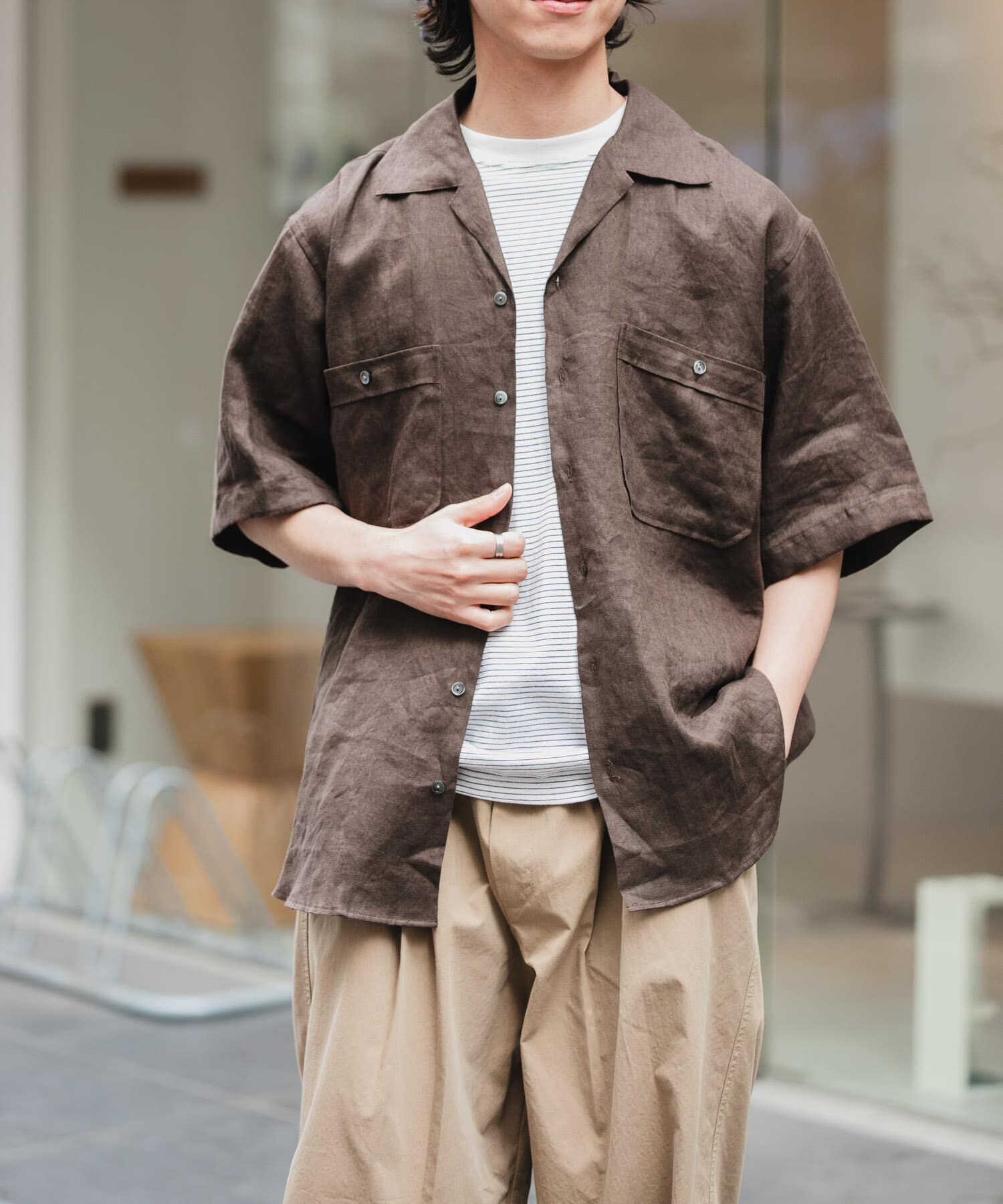 URBAN RESEARCH DOORS「FORK&SPOON　フレンチリネンオープンカラーショートスリーブシャツ」|シャツ・ブラウス|