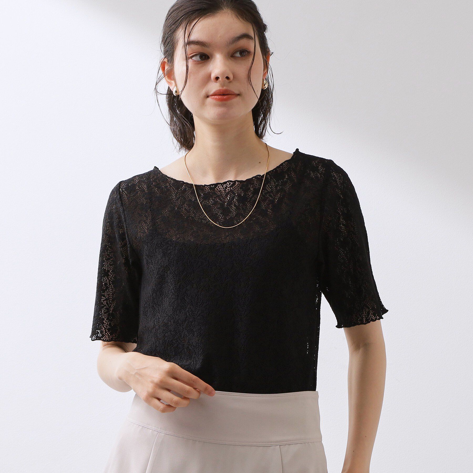 THE SHOP TK「レース5分袖メロープルオーバー」|Tシャツ・カットソー|ブラック(019)