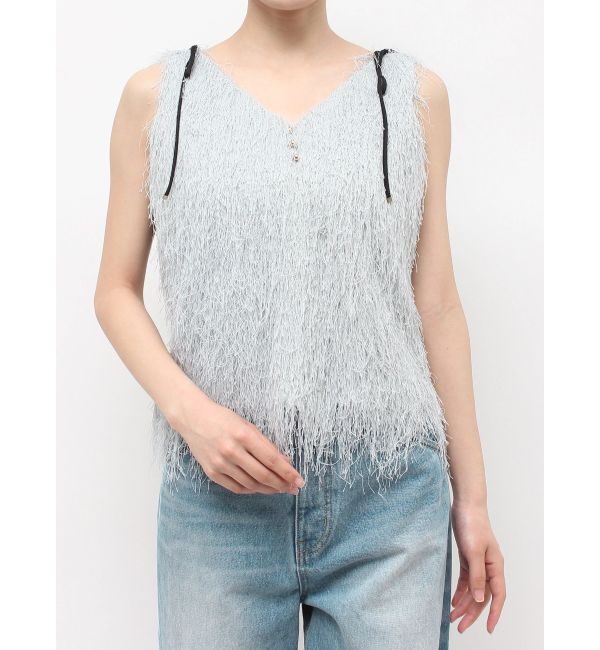 LAGUNAMOON「フェザーVネックリボントップス」|Tシャツ・カットソー|ブルー