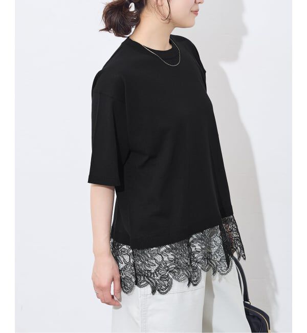 JOURNAL STANDARD「【洗える/接触冷感】WASHABLE COOL レースヘム ハーフスリーブ プルオーバー」|ニット・セーター|ブラック