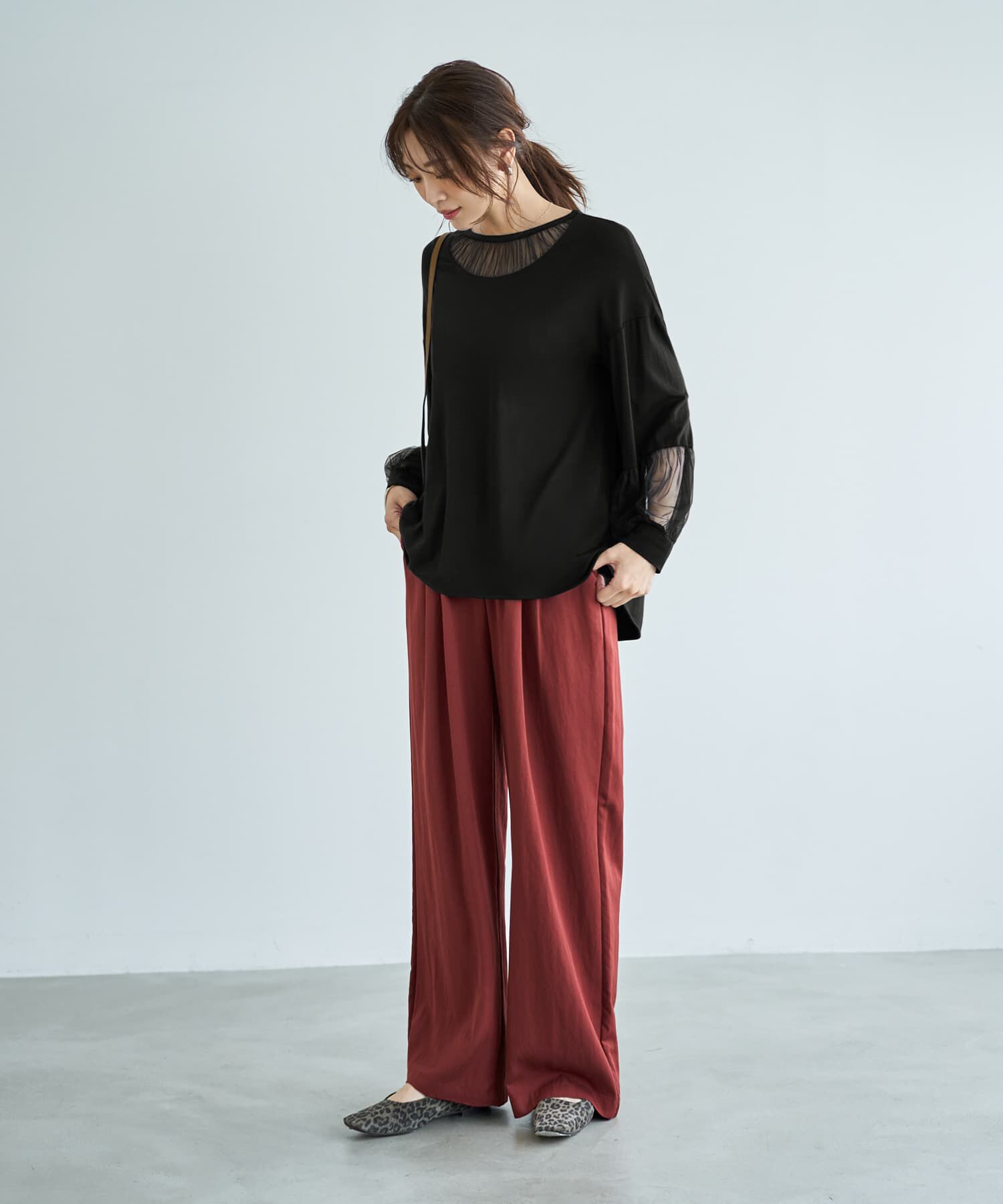STYLE DELI「【Made in JAPAN】部分チュールのとろけるカットソートップス」|Tシャツ・カットソー|
