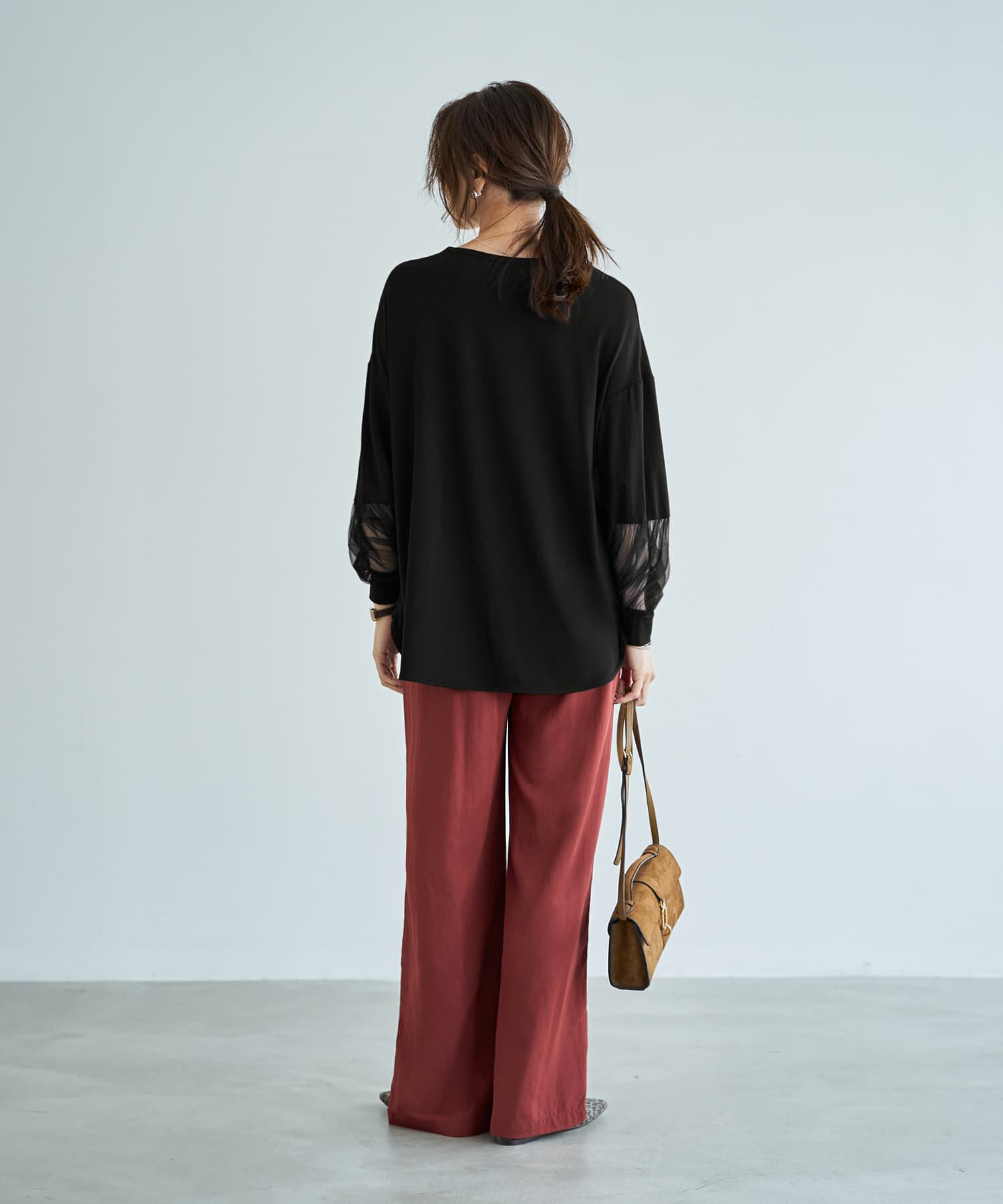 STYLE DELI「【Made in JAPAN】部分チュールのとろけるカットソートップス」|Tシャツ・カットソー|