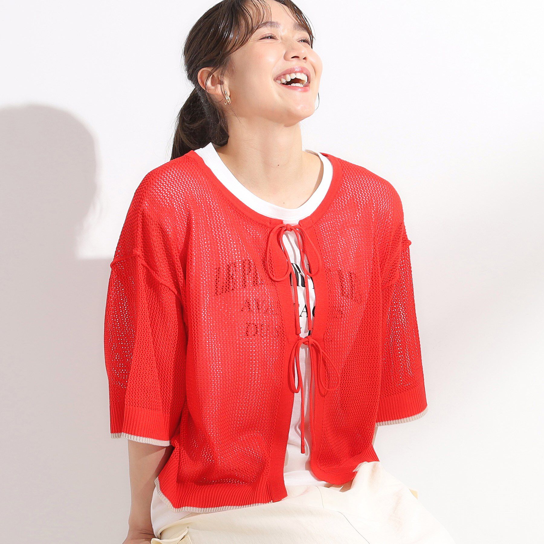 SHOO･LA･RUE「【2点セット/S-LL】メッシュリボン2WAYニット&times;フレンチスリーブTシャツ」|その他|レッド(062)