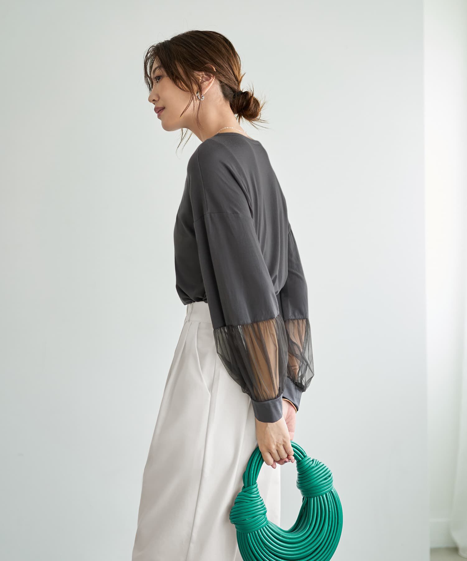 STYLE DELI「【Made in JAPAN】部分チュールのとろけるカットソートップス」|Tシャツ・カットソー|