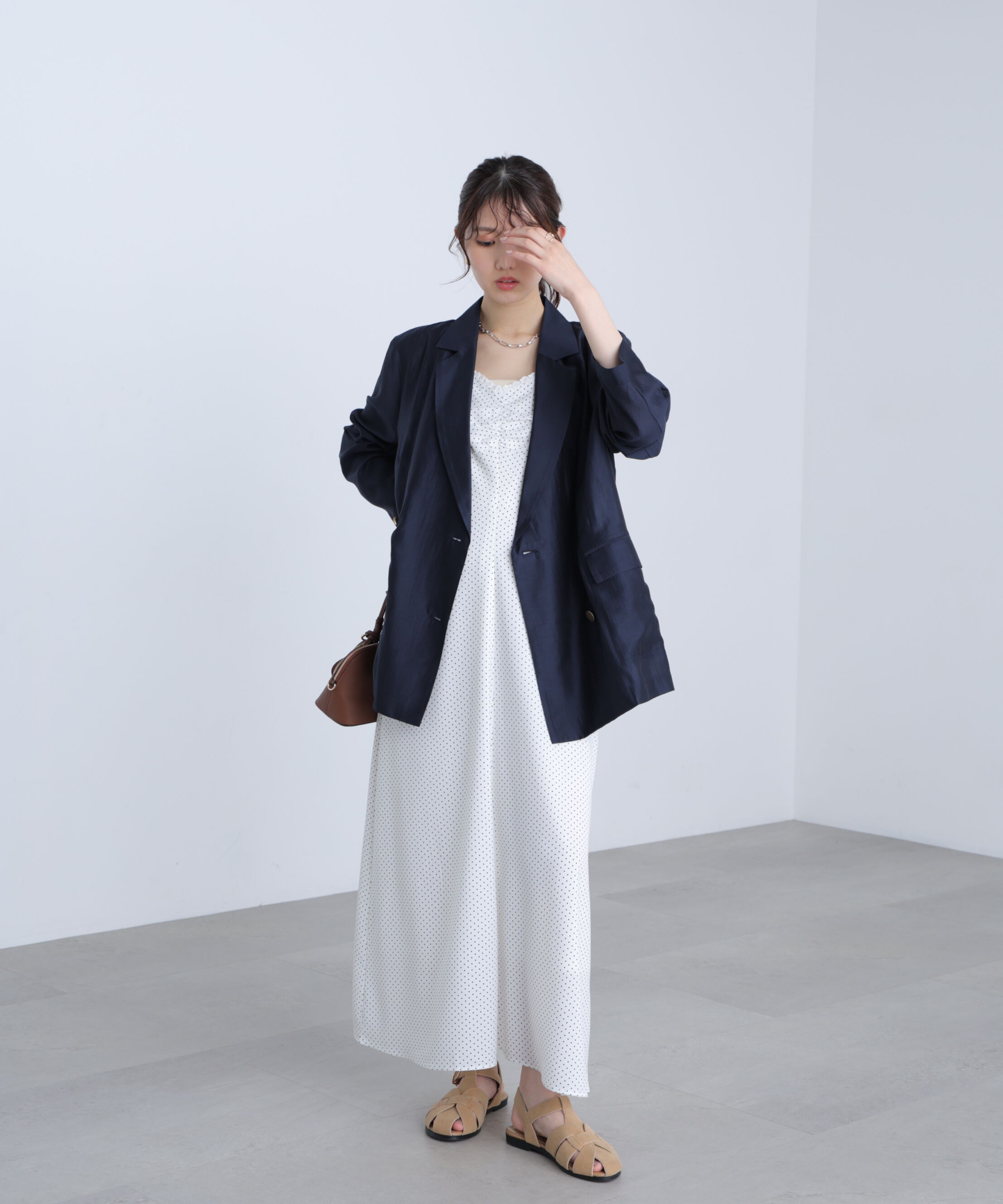  「シャーリングドット柄マキシワンピース」|ワンピース|
