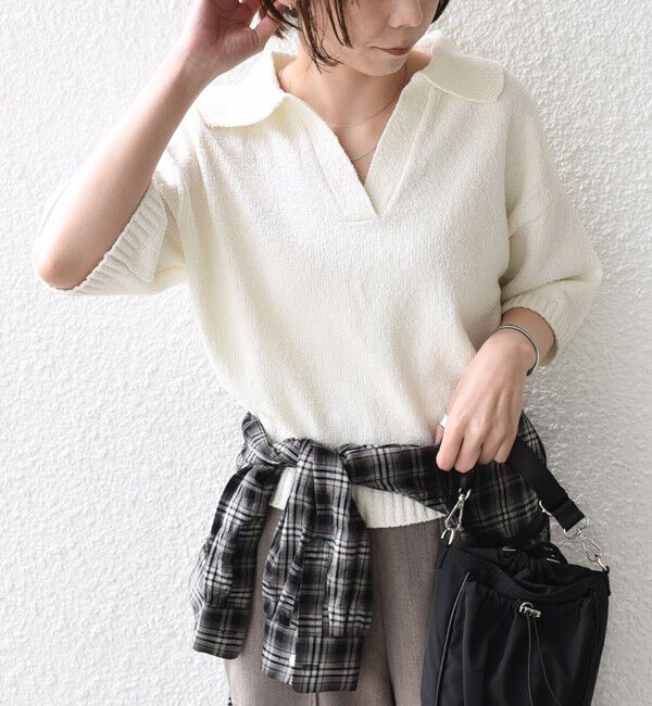 SHIPS Colors 「SHIPS Colors:〈手洗い可能〉パイル スキッパー 5分袖 ニット◇」|ニット・セーター|