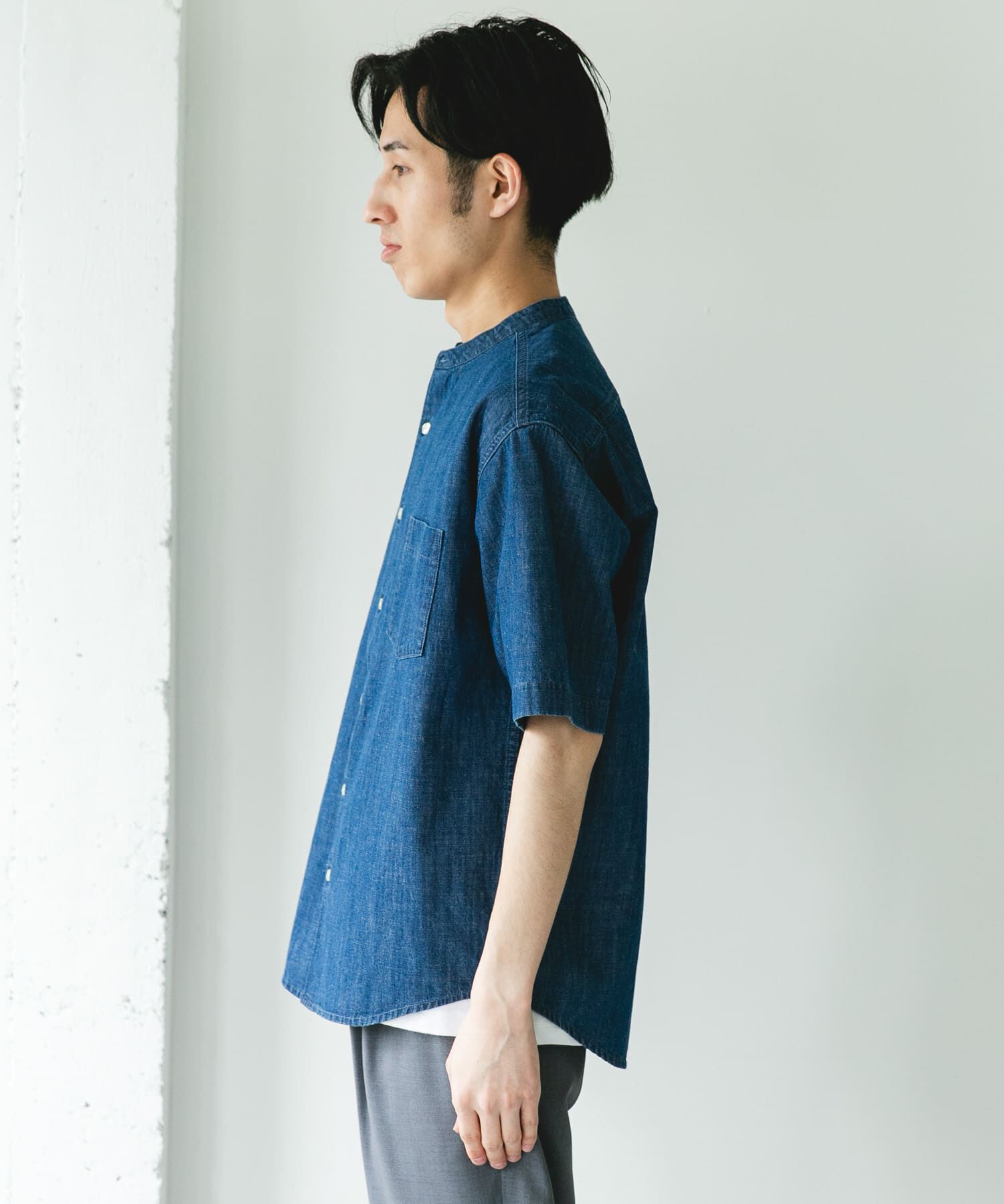 URBAN RESEARCH DOORS「リネンブレンド デニムバンドショートスリーブシャツ」|シャツ・ブラウス|