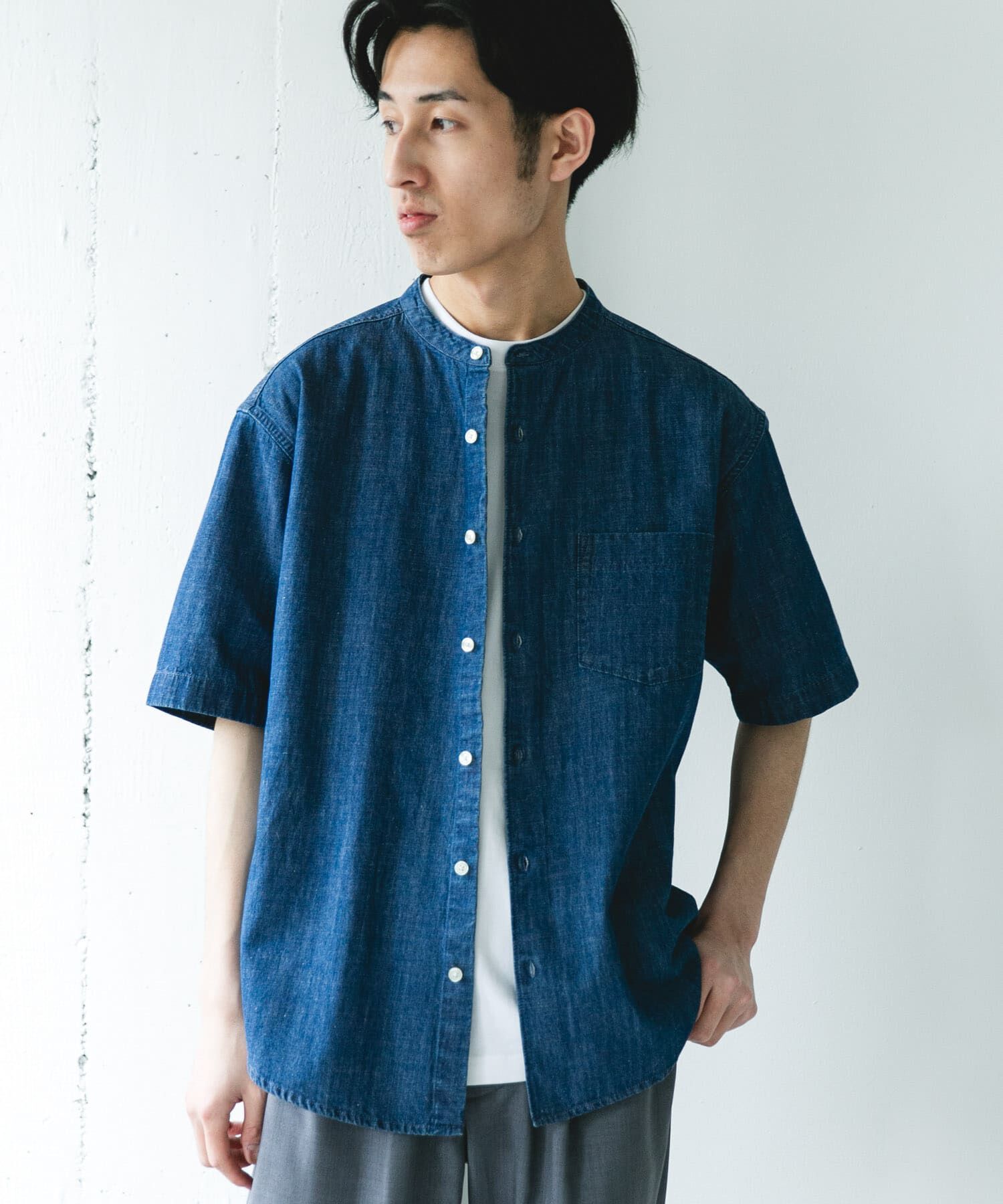 URBAN RESEARCH DOORS「リネンブレンド デニムバンドショートスリーブシャツ」|シャツ・ブラウス|