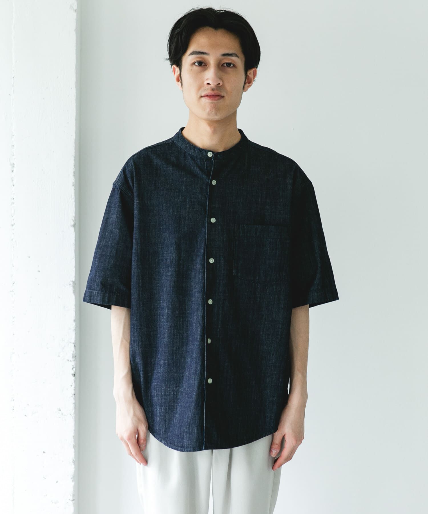 URBAN RESEARCH DOORS「リネンブレンド デニムバンドショートスリーブシャツ」|シャツ・ブラウス|