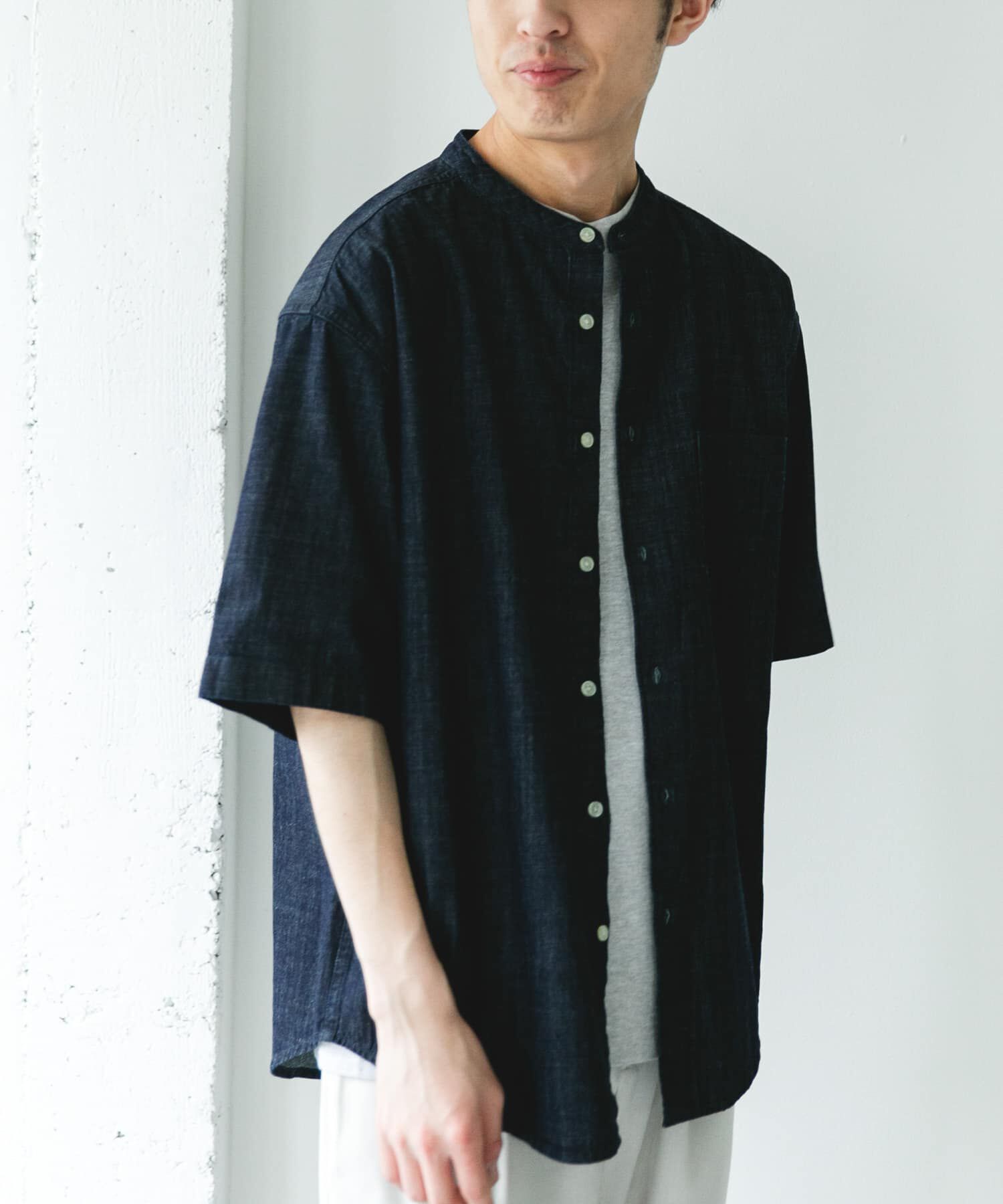 URBAN RESEARCH DOORS「リネンブレンド デニムバンドショートスリーブシャツ」|シャツ・ブラウス|