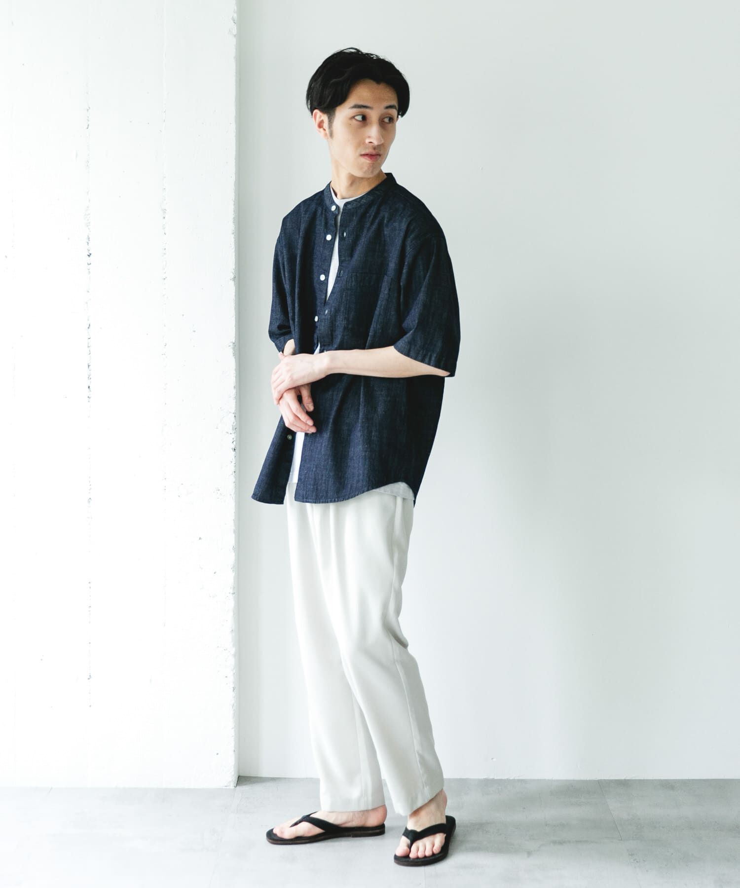 URBAN RESEARCH DOORS「リネンブレンド デニムバンドショートスリーブシャツ」|シャツ・ブラウス|