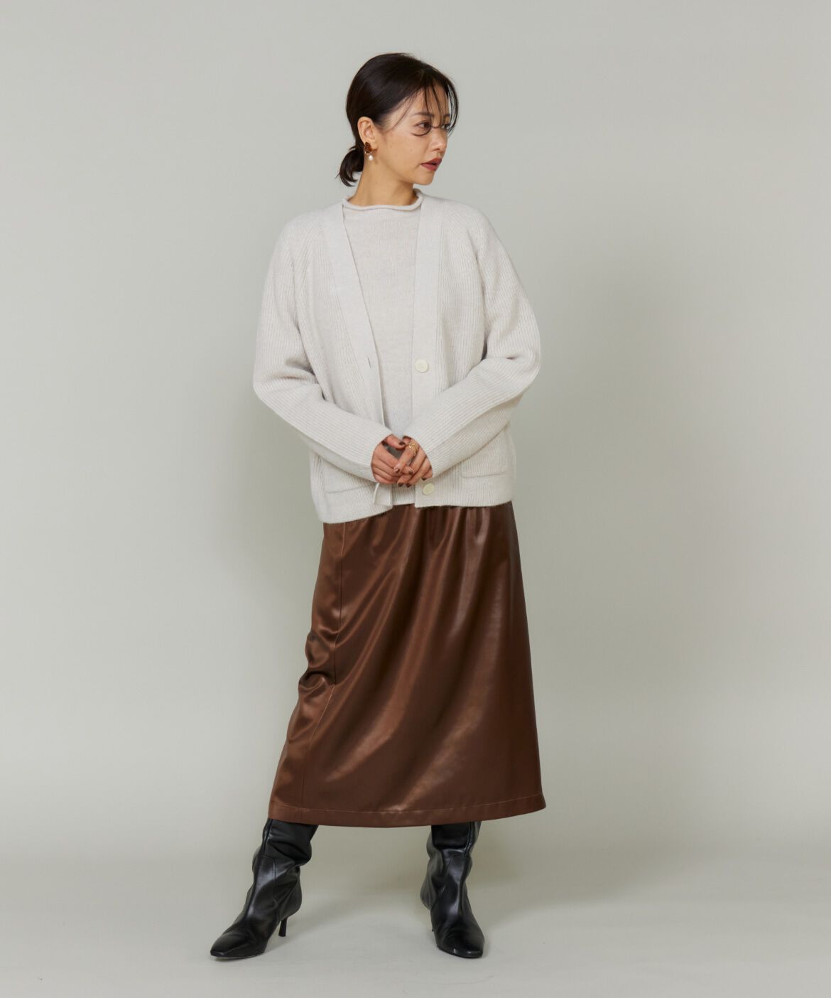 Le Souk「レザーライクギャザーストレートスカート 」|台形|