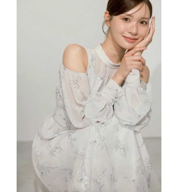 MERCURYDUO「花柄バックレースアップロングスリーブワンピース」|ワンピース|
