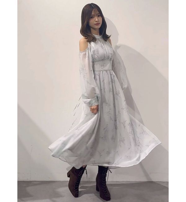 MERCURYDUO「花柄バックレースアップロングスリーブワンピース」|ワンピース|