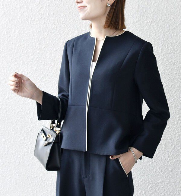 SHIPS any「【WEB限定】SHIPS any:〈洗濯機可能〉ダブルクロス  ペプラム ノーカラー ジャケット［NAVY BLUE］」|ノーカラージャケット|