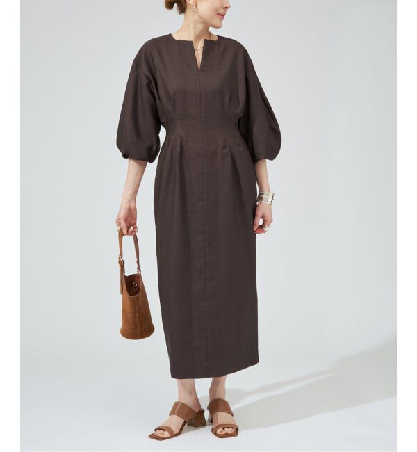 VERMEIL par iena「《一部WEB限定》FLAXASA jewel ox ウエストシェイプワンピース」|ワンピース|ブラウン
