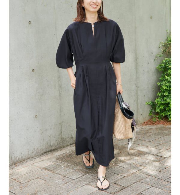 VERMEIL par iena「《一部WEB限定》FLAXASA jewel ox ウエストシェイプワンピース」|ワンピース|ネイビー