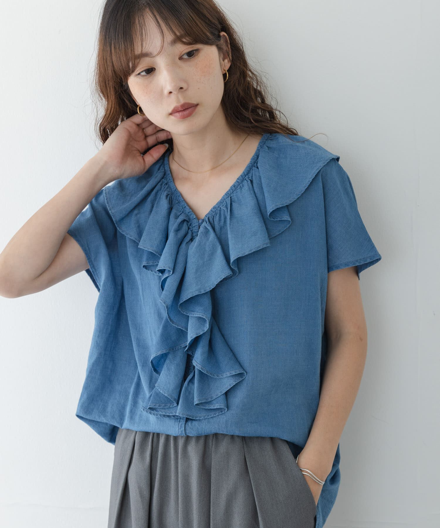 Sonny Label 「シアーデニムラッフルフリルブラウス」|シャツ・ブラウス|