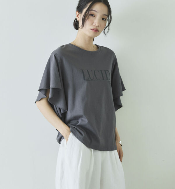Doux archives「袖フリルプリントＴシャツ」|Tシャツ・カットソー|CHARCOAL GRAY