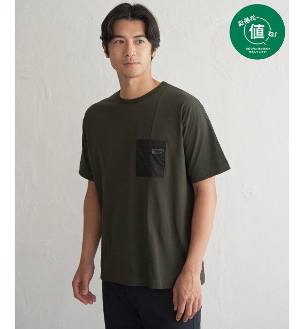 ikka「【接触冷感】DRY布帛コンビポケットTシャツ」|Tシャツ・カットソー|カーキ