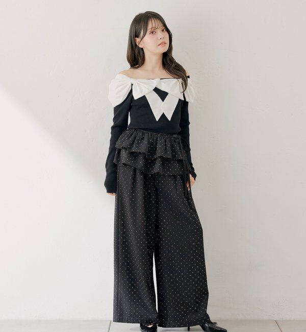 【ラインストーン輝く】新品オーバーメッシュフリル付きワイドパンツ 黒ｍ165 SALON by Chico】ルーズラインストーンスラックス/フリル取外し可