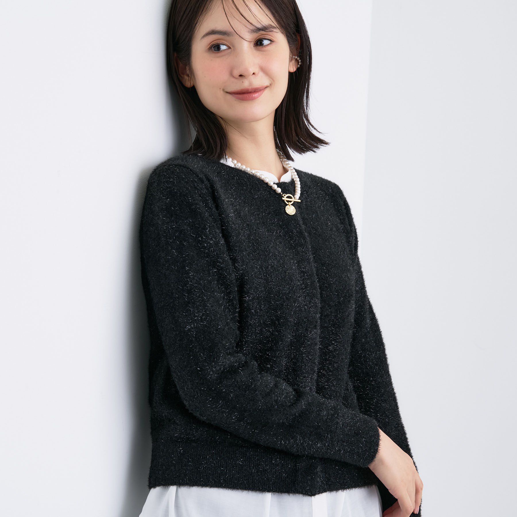 INDIVI「【洗える】ラメニットカーディガン」|カーディガン|ブラック(019)