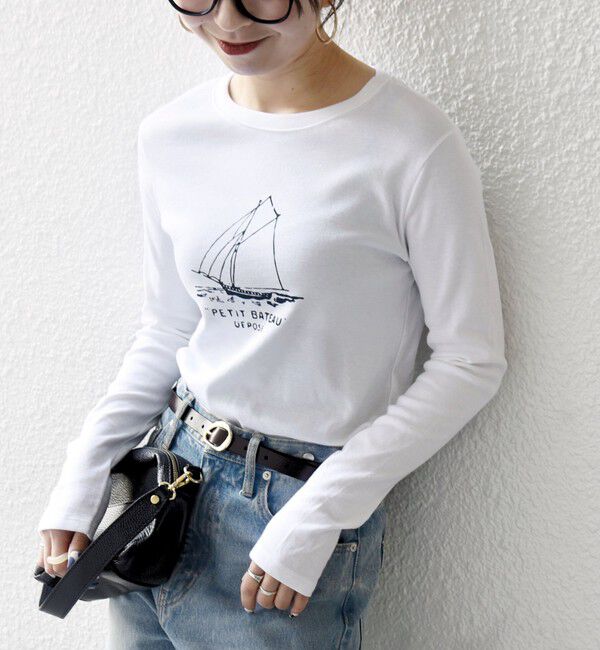 SHIPS any「【SHIPS any別注】PETIT BATEAU: プリント ロン TEE」|Tシャツ・カットソー|ホワイト