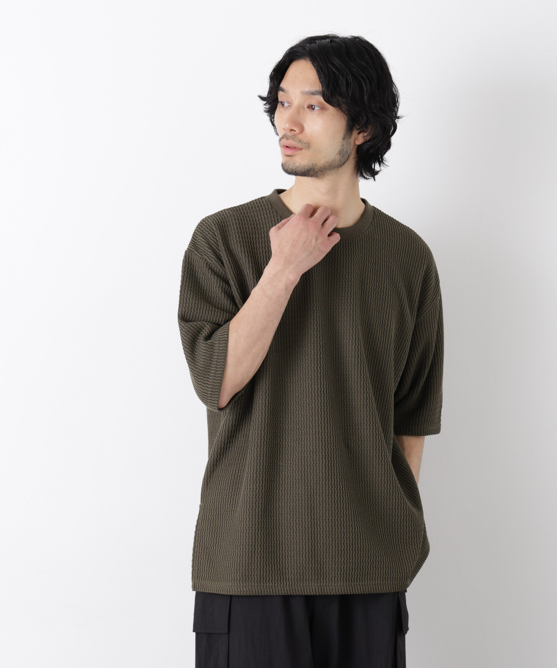 nano･universe「ジャガードニットソーTシャツ 半袖（セットアップ可）」|Tシャツ・カットソー|カーキ