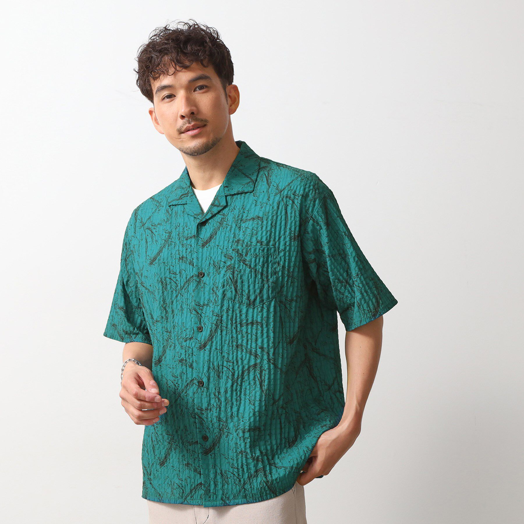 THE SHOP TK「総柄サッカー半袖シャツ マ洗濯機OK」|シャツ・ブラウス|グリーン(022)