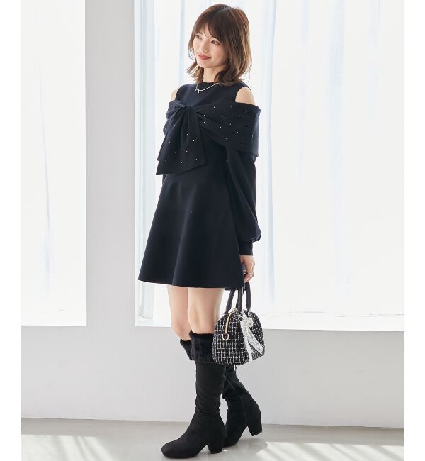  「ビジューリボンニットミニワンピース」|ワンピース|