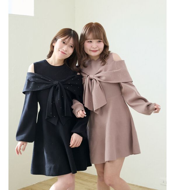  「ビジューリボンニットミニワンピース」|ワンピース|
