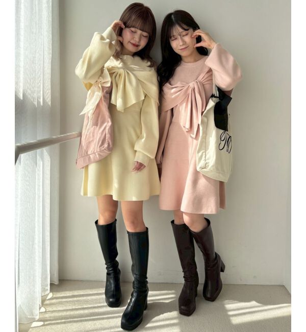  「ビジューリボンニットミニワンピース」|ワンピース|