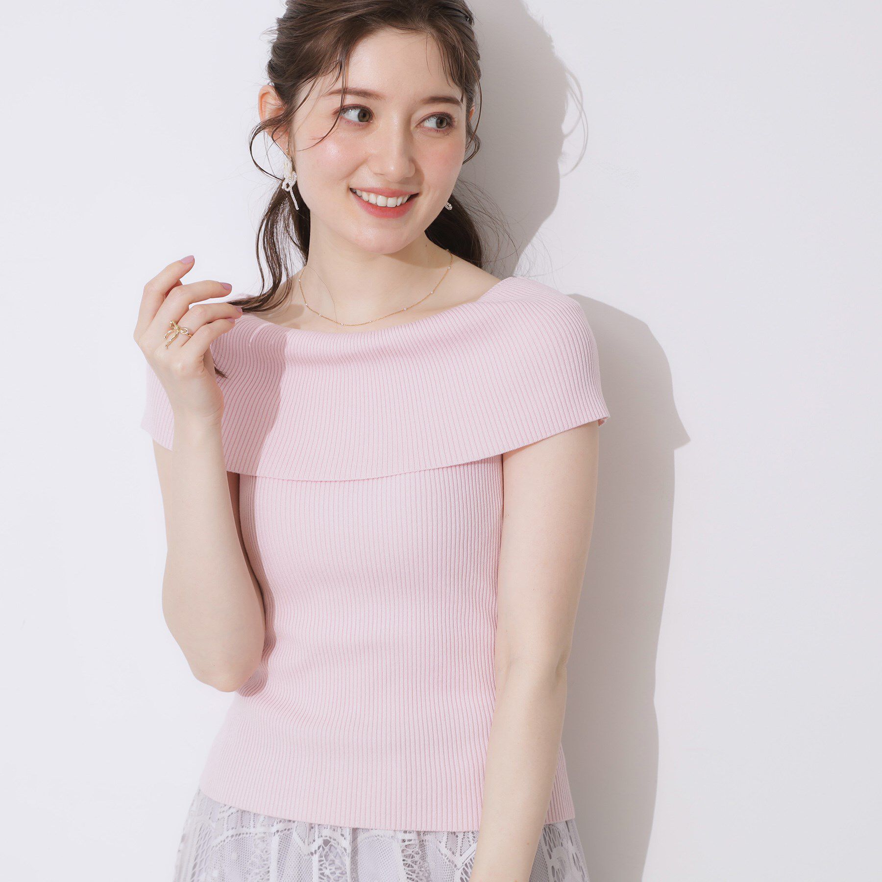 Couture broach「リブオフショルニット」|ニット・セーター|ライトピンク(070