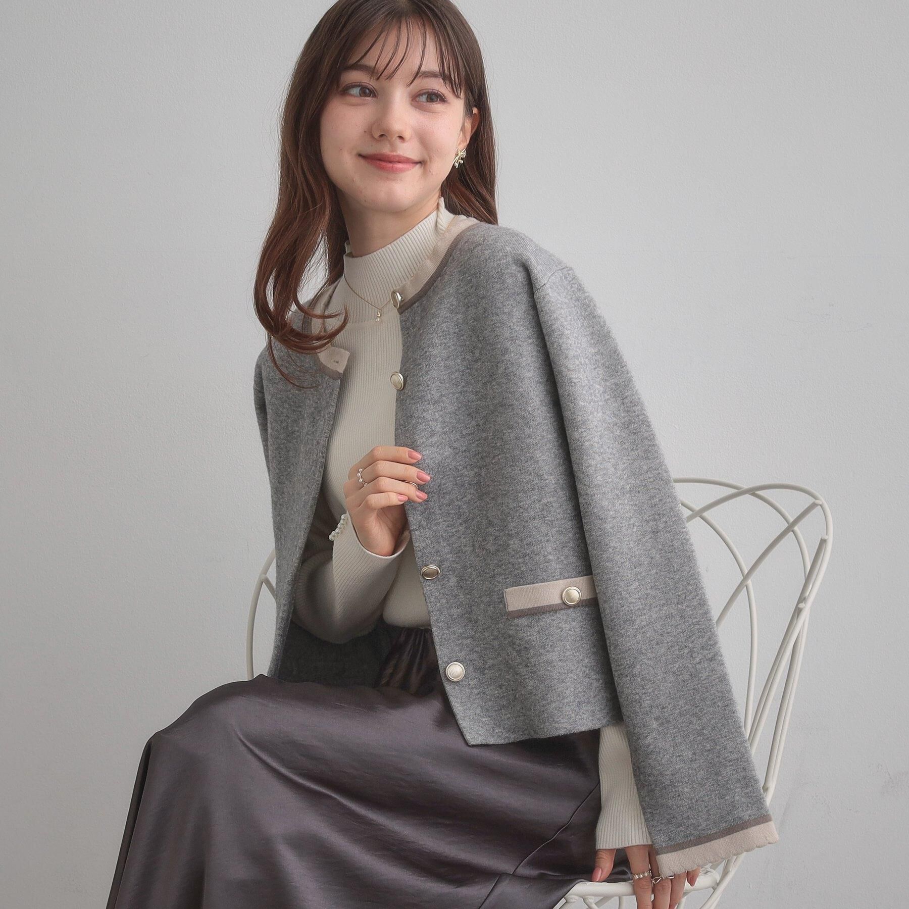 Couture broach「【通勤・大人上品】ムースタッチジャカード 配色スカラカーディ」|カーディガン|ライトグレー(011