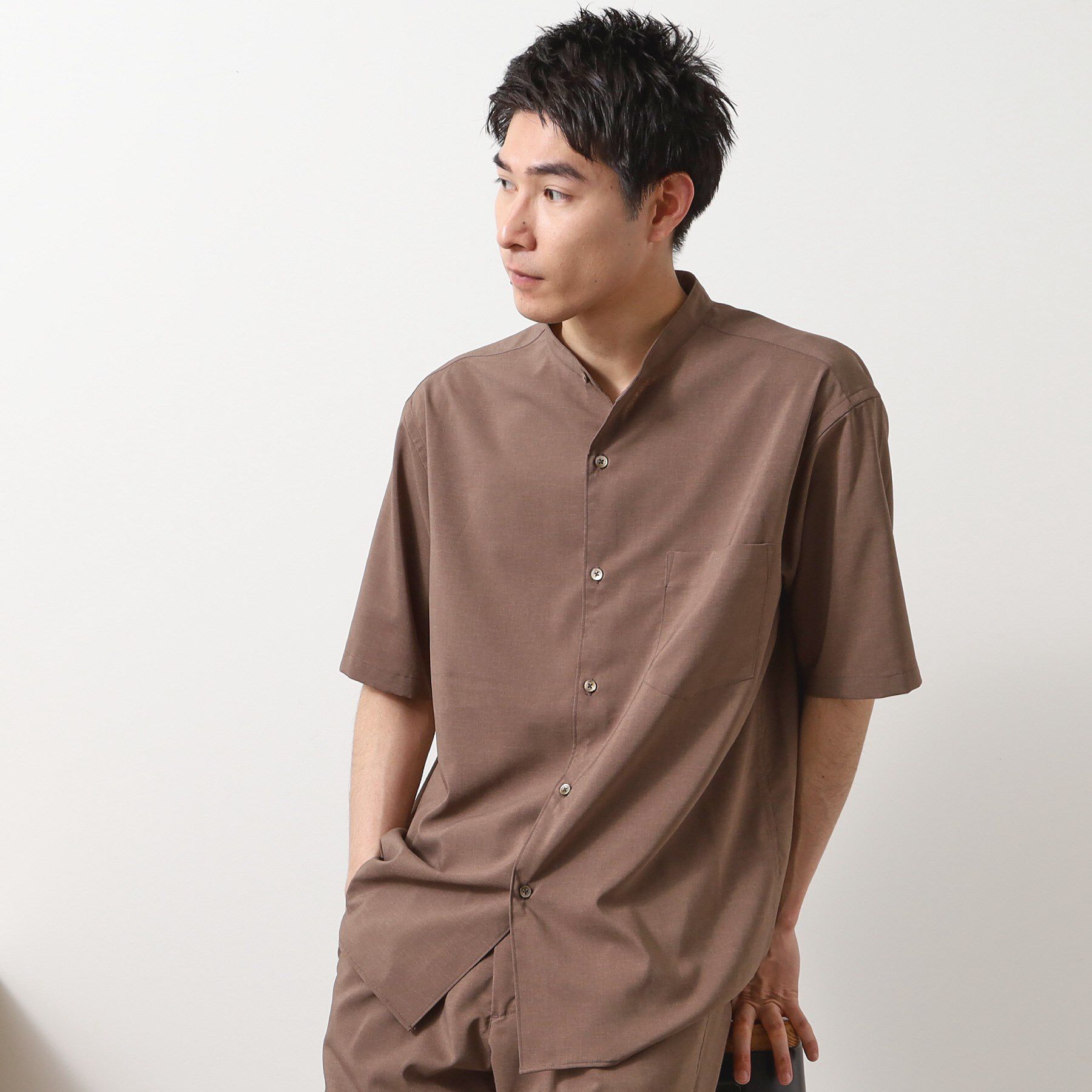 THE SHOP TK「クールファイバー バンドカラー半袖シャツ　接触冷感／吸水速乾／UVケア／軽量／セットアップ可」|シャツ・ブラウス|