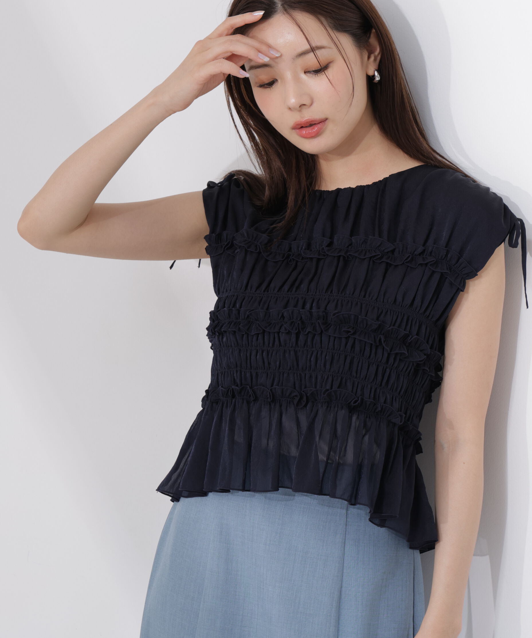 PROPORTION BODY DRESSING「〈a/mie〉シャーリングフリルブラウス＜ブルー：WEB限定＞」|シャツ・ブラウス|