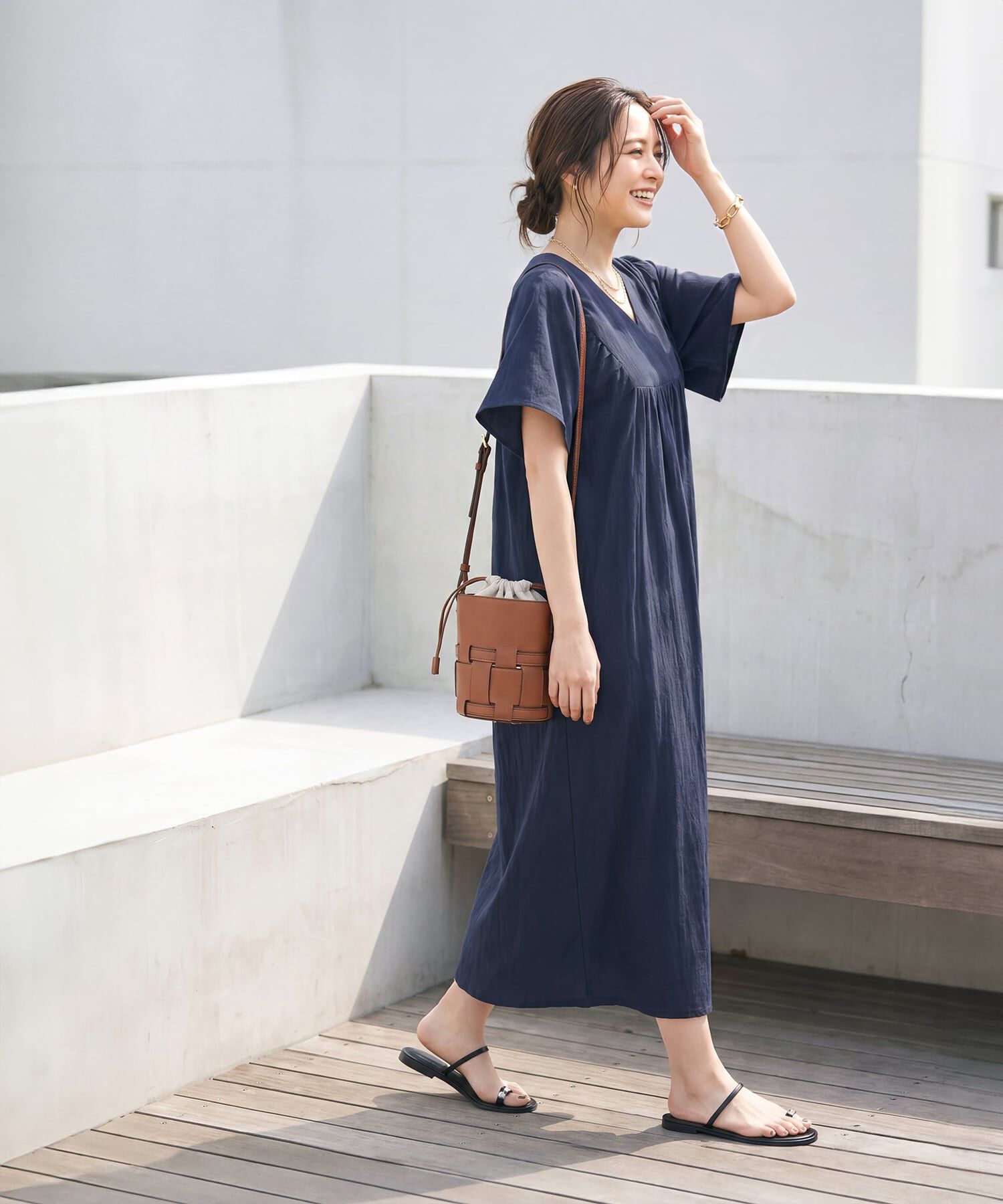 STYLE DELI「重ねVネックコットンギャザーワンピースB」|ワンピース|