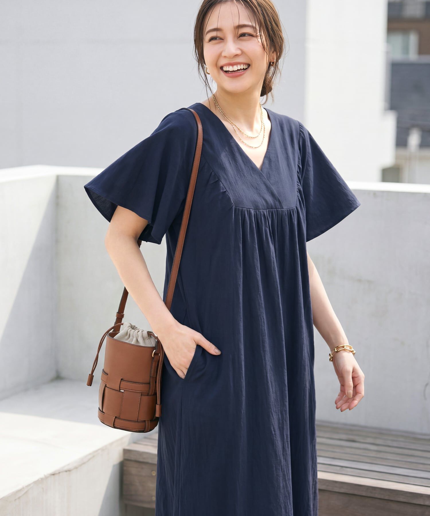 STYLE DELI「重ねVネックコットンギャザーワンピースB」|ワンピース|