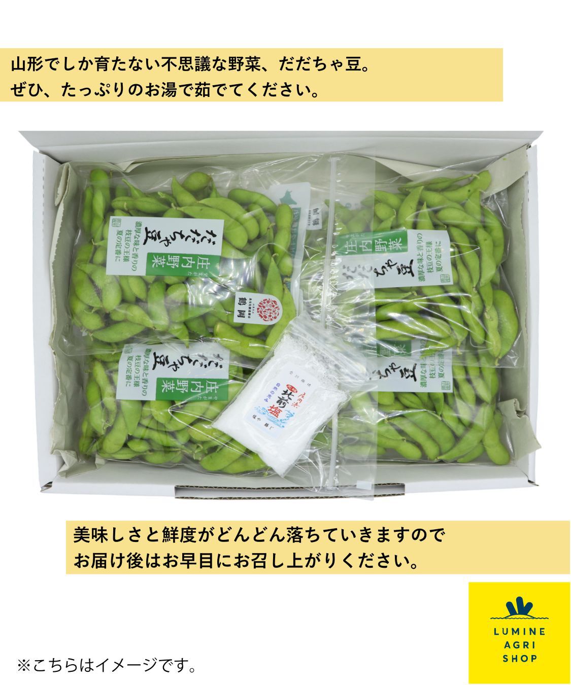 LUMINE AGRI SHOP「山形の夏を楽しむ だだちゃ豆 200g x5P+塩」|果物・野菜|