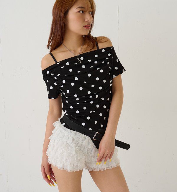  「ギャザーオフショルドットトップス」|Tシャツ・カットソー|